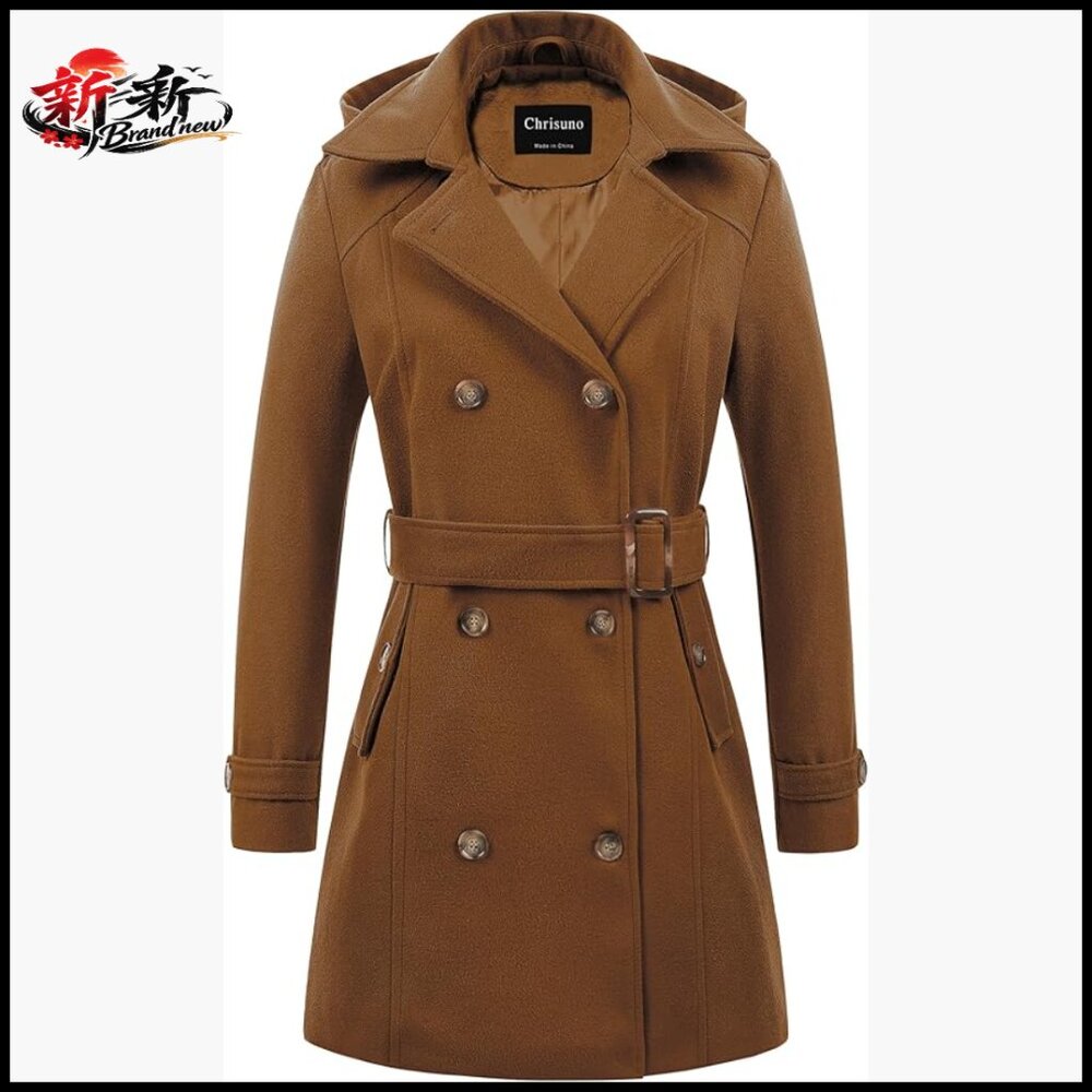 Women's Wool Blend Pea Coat Hooded Long Winter Trench Coat